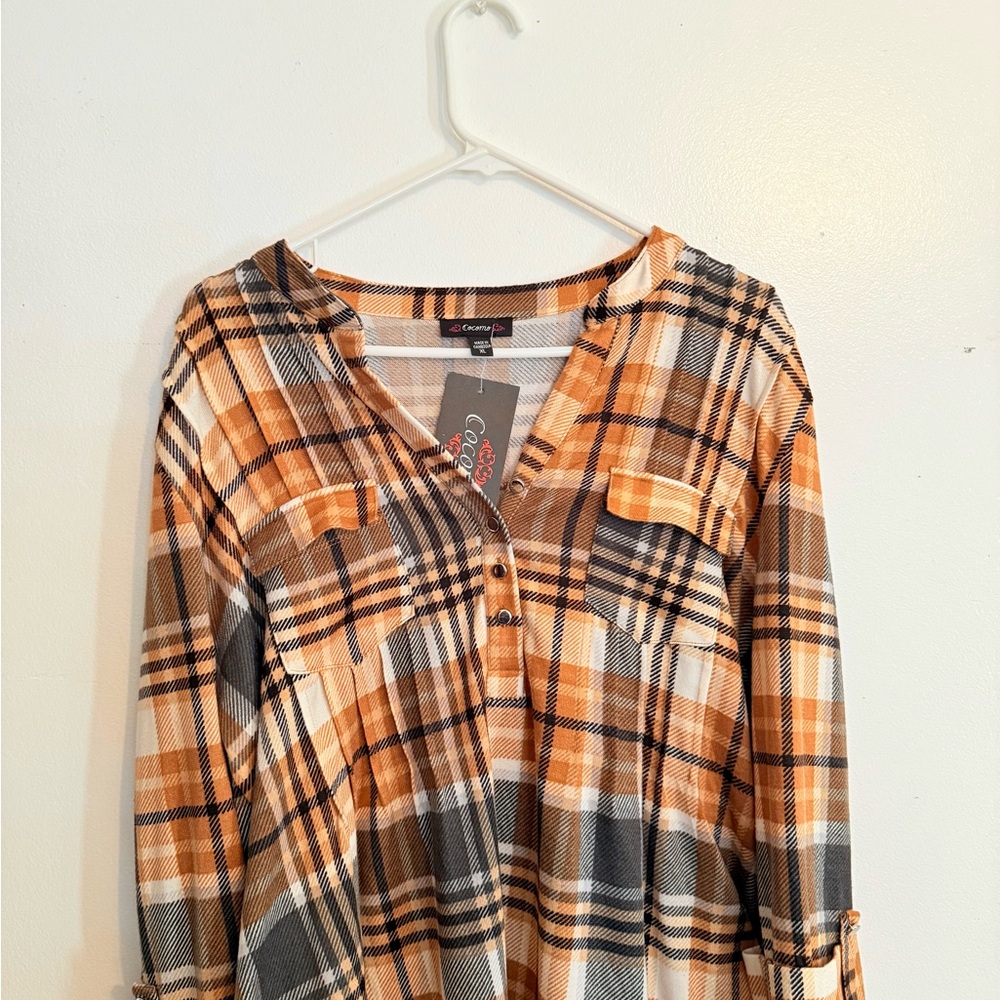 Orange and Black Plaid Button-Up Shirt